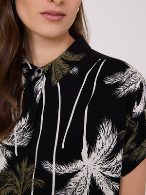 Palm Print Button-Front Bowling Shirt Black