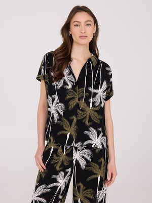 Palm Print Button-Front Bowling Shirt Black