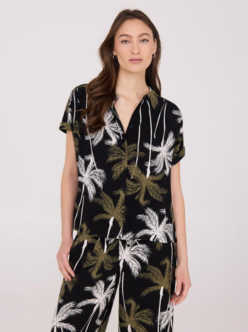 Palm Print Button-Front Bowling Shirt Black