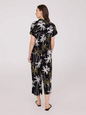 Palm Print Button-Front Bowling Shirt Black