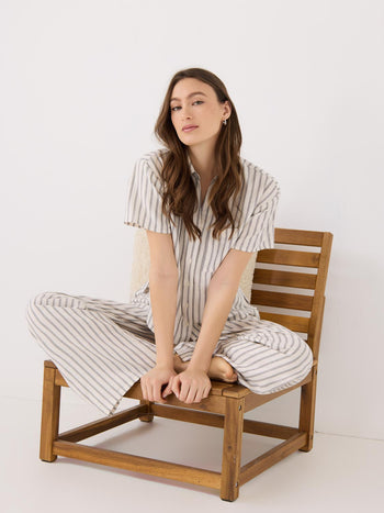 Striped Linen Blend Short Sleeve Blouse Sand