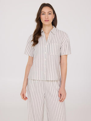 Striped Linen Blend Short Sleeve Blouse Sand