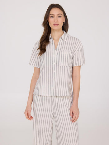 Striped Linen Blend Short Sleeve Blouse Sand
