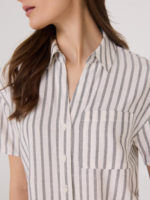 Striped Linen Blend Short Sleeve Blouse Sand