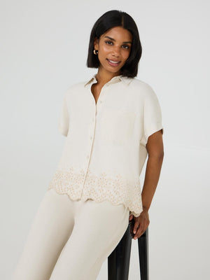 Blouse en lin à manches courtes Oatmeal