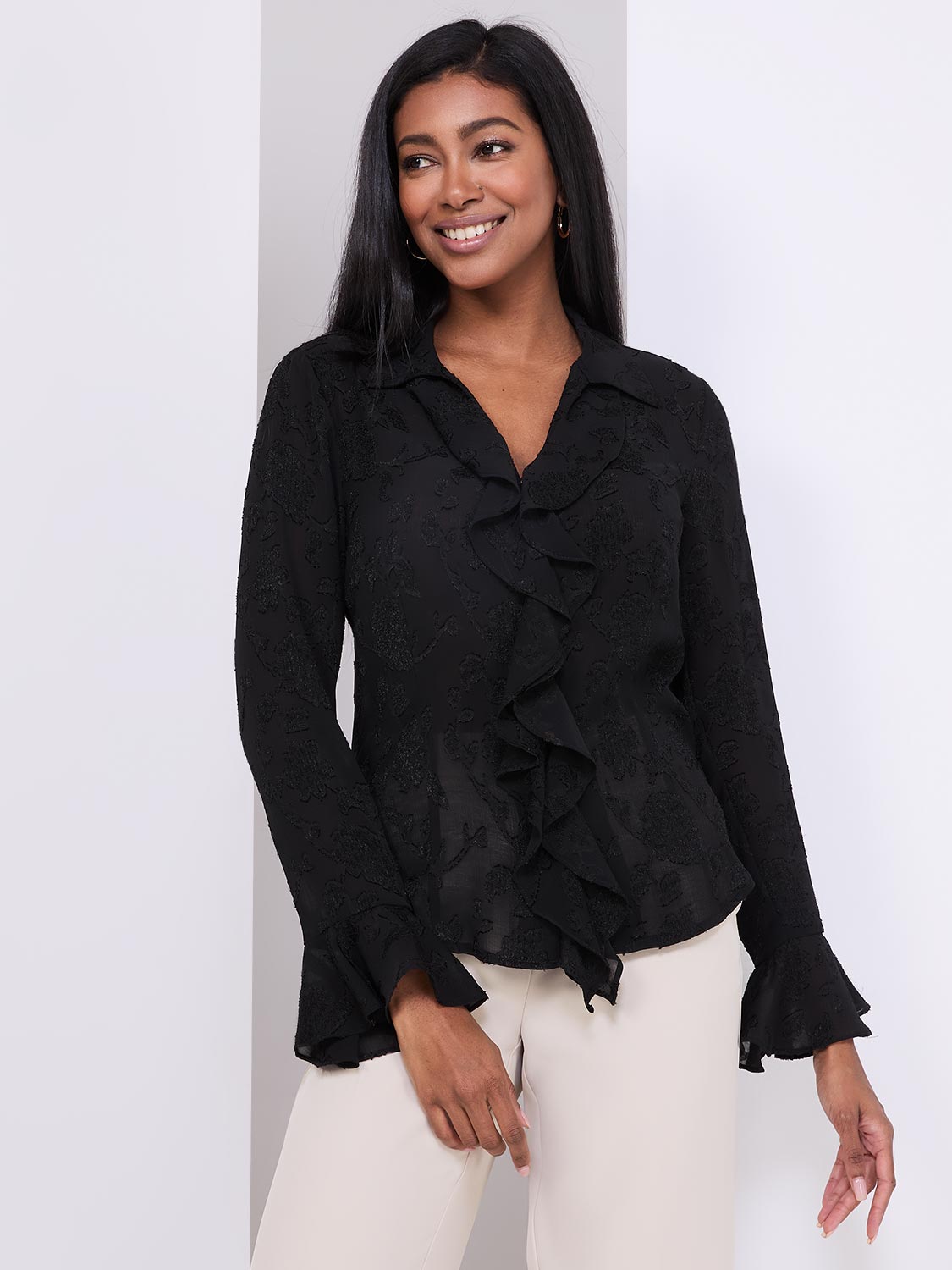 Textured Button-Front Blouse With Ruffle Details – Suzy Shier