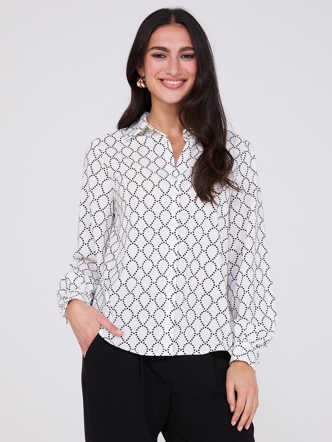 Silky Geo Print Button-Front Blouse – Suzy Shier