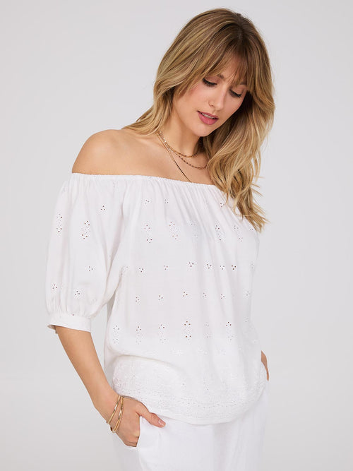 Off-The-Shoulder Puff Sleeve Eyelet Popover Top