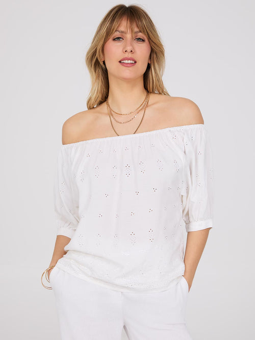 Off-The-Shoulder Puff Sleeve Eyelet Popover Top