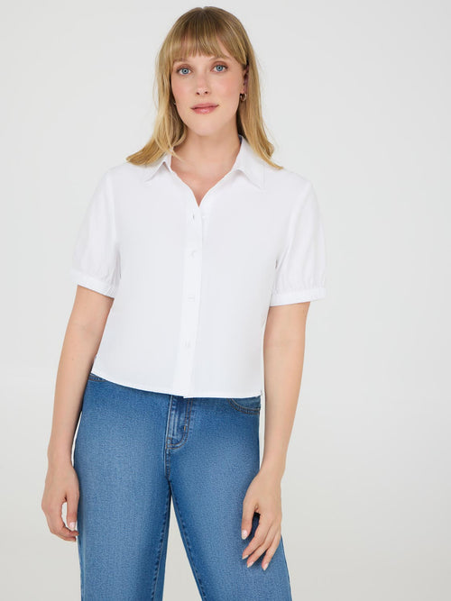 Puff Sleeve Button-Up Cotton Blouse