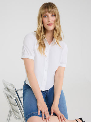 Blouse boutonnée en coton à manches bouffantes White
