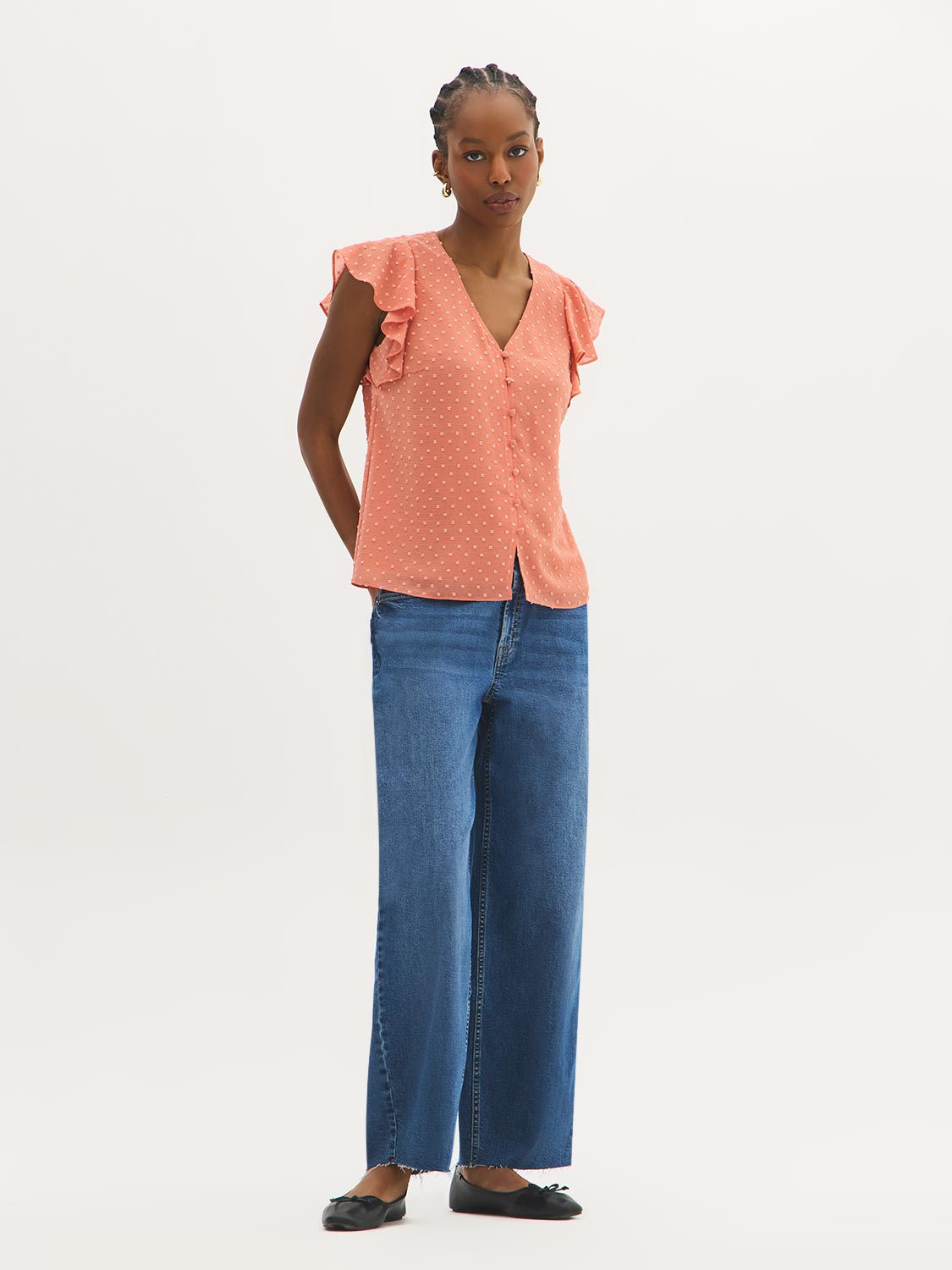 Ruffle Sleeve V-Neck Blouse – Suzy Shier