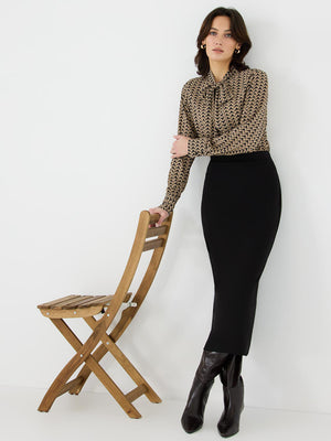 Geo Print Chiffon Tie Neck Blouse Black