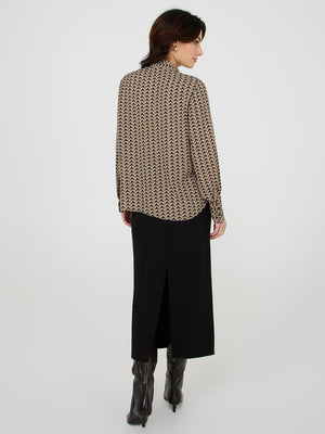 Geo Print Chiffon Tie Neck Blouse Black