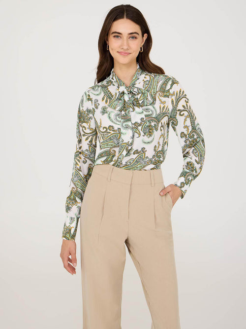 Paisley Print Chiffon Tie Neck Blouse