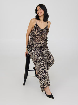 Animal Print Ruffle Chiffon Tank Top Beige