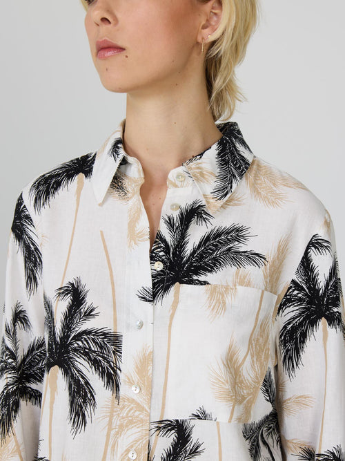 Tropical Print Button-Up Linen Shirt