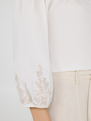 Off-The-Shoulder Linen Bubble Hem Top Antique Creme