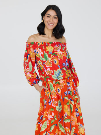 Floral Off-The-Shoulder Linen Bubble Hem Top Scarlet