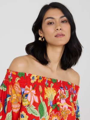 Floral Off-The-Shoulder Linen Bubble Hem Top Scarlet