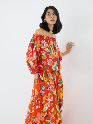 Floral Off-The-Shoulder Linen Bubble Hem Top Scarlet