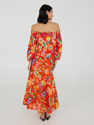 Floral Off-The-Shoulder Linen Bubble Hem Top Scarlet