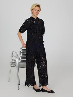 Short Sleeve Eyelet Blouse Black