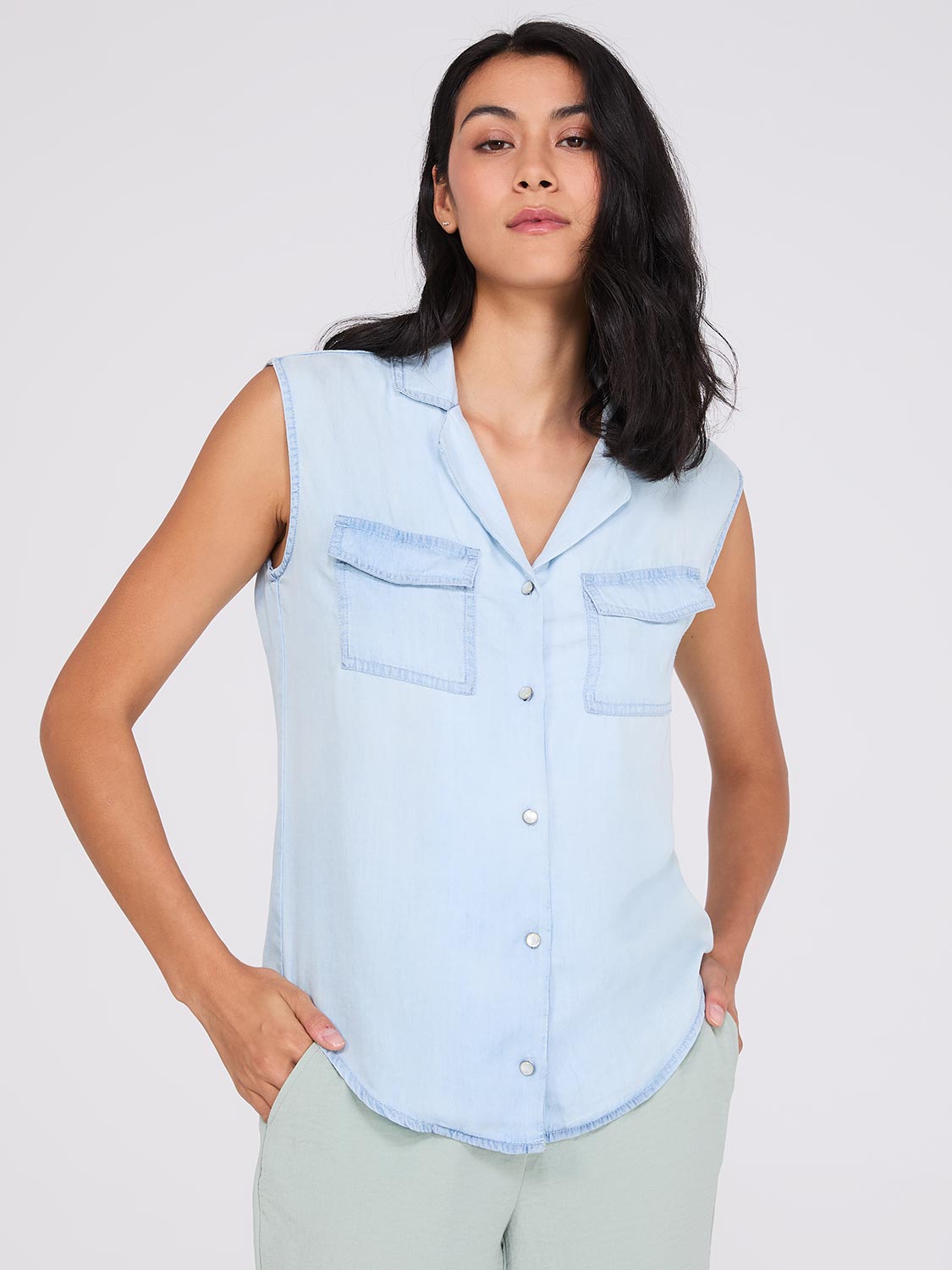 Sleeveless Button-Front Tencel Blouse – Suzy Shier