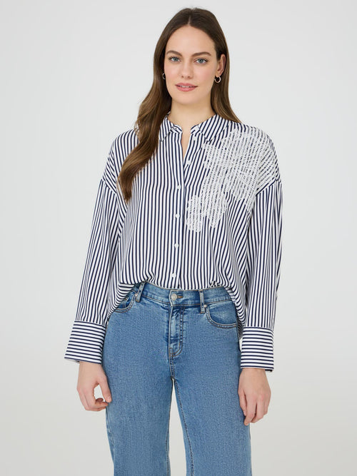 Floral Appliqué Striped Blouse