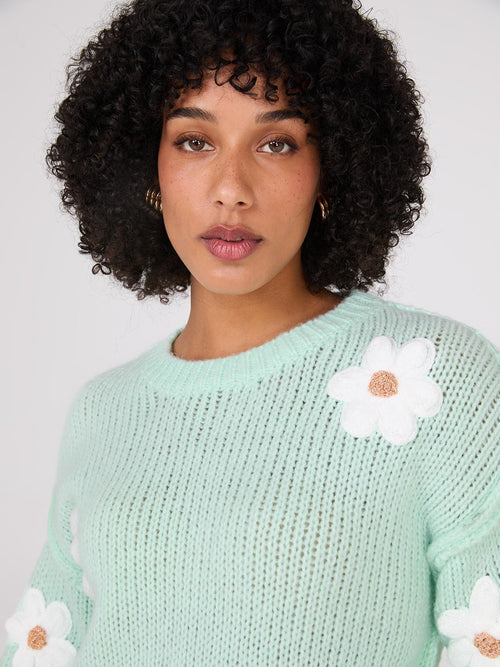 Crew Neck Sweater With Crochet Flowers