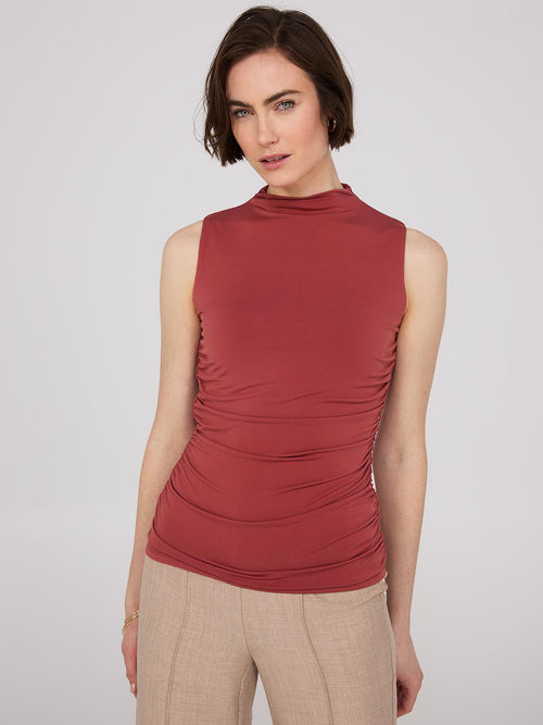 Sleeveless Mock Neck Top With Ruched Details