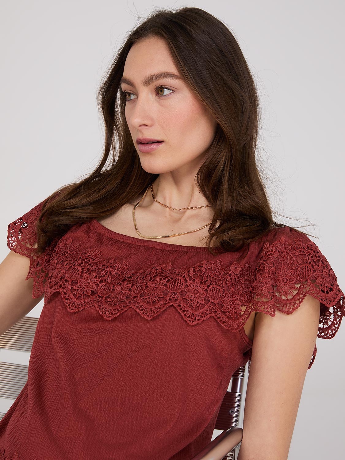 Off-The-Shoulder Flounce Top With Crochet Details – Suzy Shier