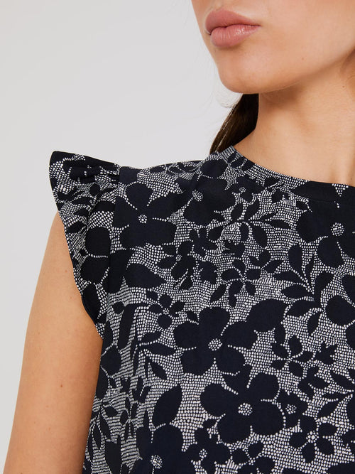 Printed Round Neck Top With Ruffle Details