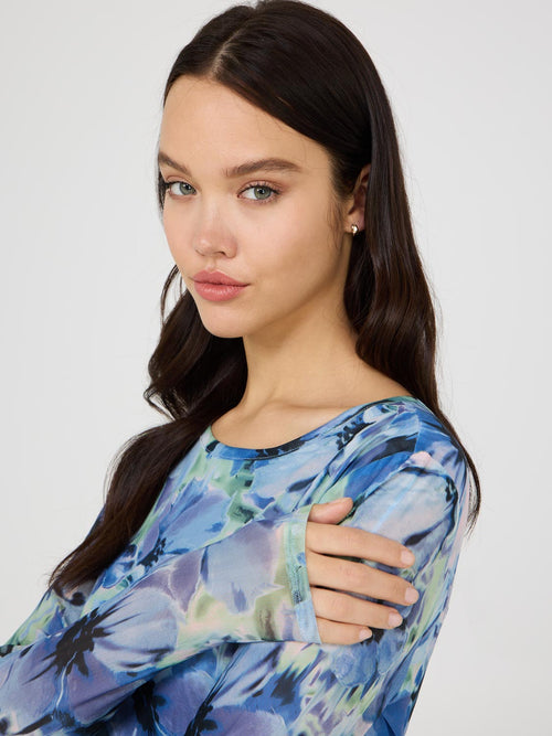 Floral Print Crew Neck Mesh Top