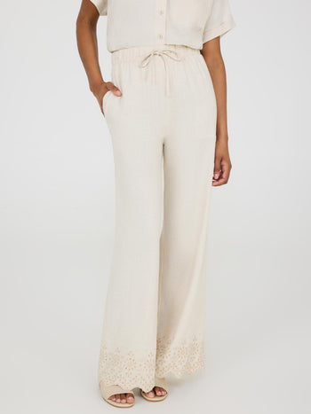 Wide Leg Linen Pant With Embroidered Hem Oatmeal