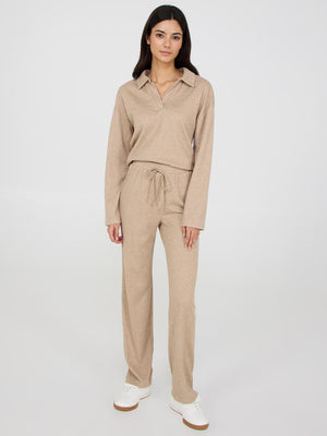 Melange Ribbed Straight Leg Pants Beige