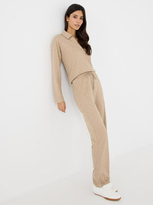 Melange Ribbed Straight Leg Pants Beige