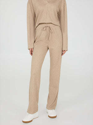 Melange Ribbed Straight Leg Pants Beige