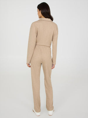 Melange Ribbed Straight Leg Pants Beige