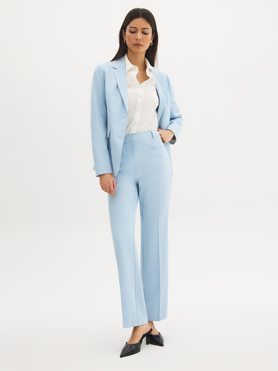 dress pants and shirt for women Navy blue linen flat-front slim fit Dress Pants
