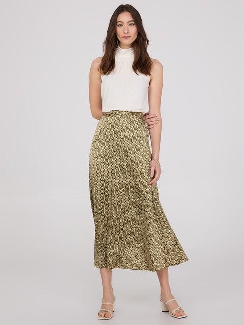 Printed Satin Midi A-Line Skirt