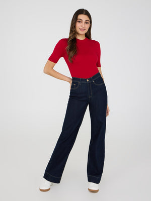 Straight Leg Jeans With Wide Cuff Dk Denim Blue