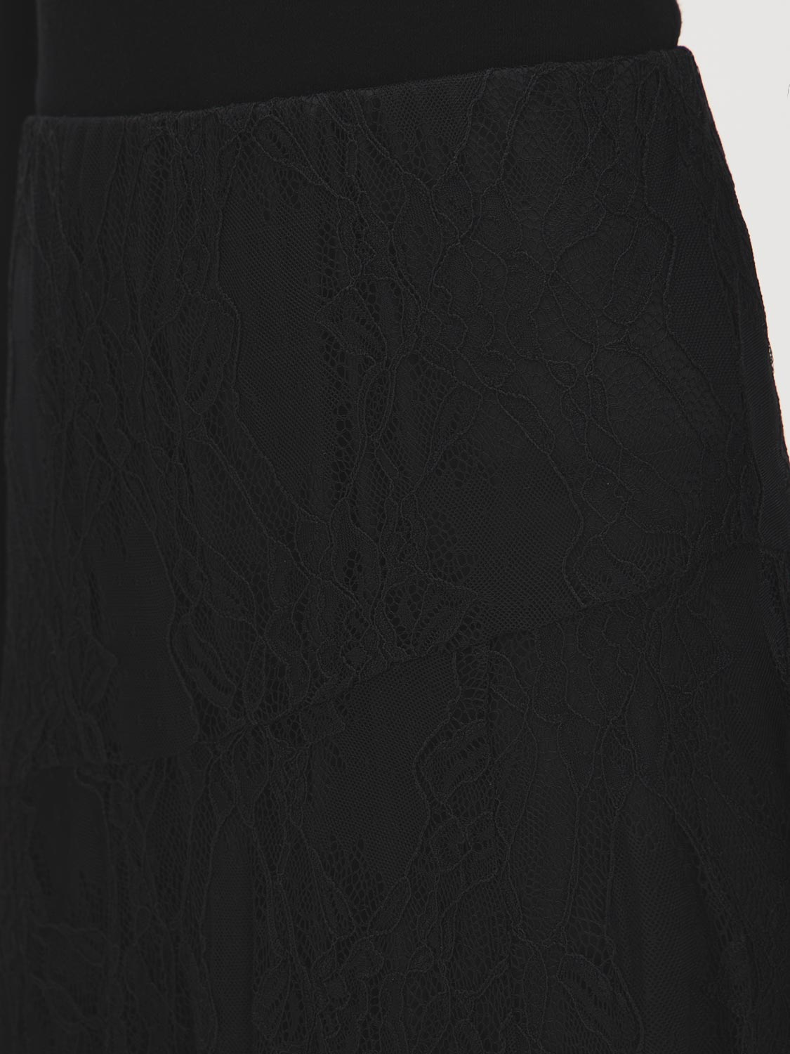 Black Lace Skirt with Diagonal Drop Waist - Close-up Fabric Detail - Suzy Shier