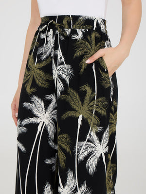 Tropical Print Wide-Leg Gaucho Pants Black
