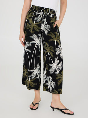 Tropical Print Wide-Leg Gaucho Pants Black