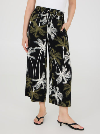 Tropical Print Wide-Leg Gaucho Pants Black