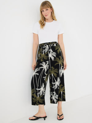Tropical Print Wide-Leg Gaucho Pants Black