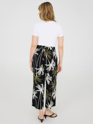 Tropical Print Wide-Leg Gaucho Pants Black