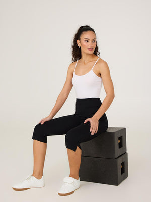 Wide Waistband Capri Pants With Slit Hem Black