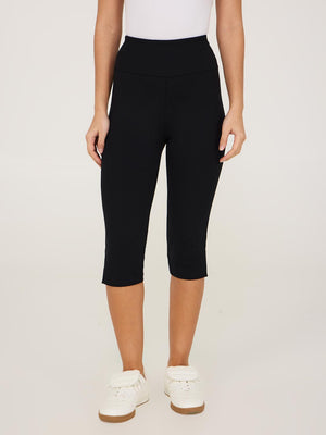 Wide Waistband Capri Pants With Slit Hem Black